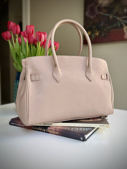 Pink grained leather frame bag