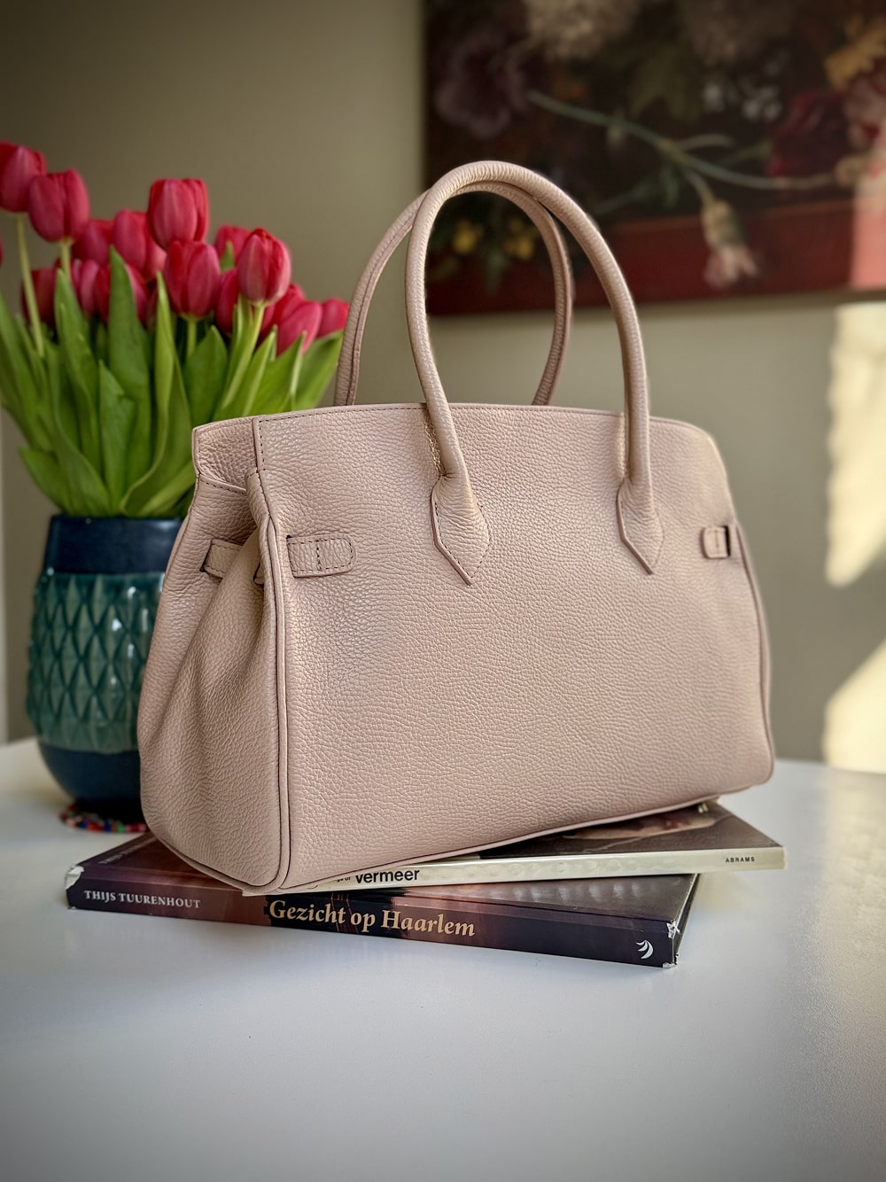 Pink grained leather frame bag