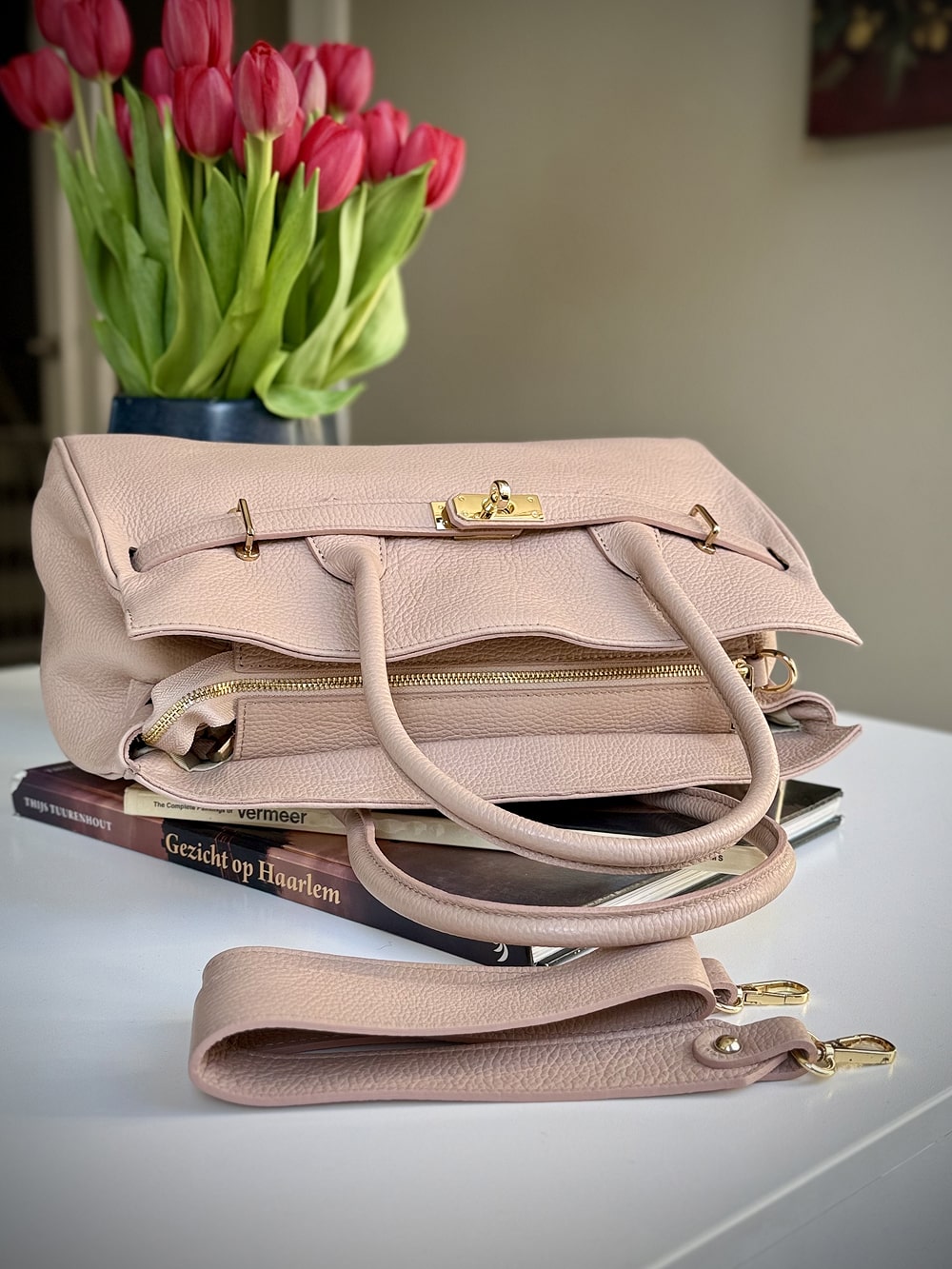 Pink grained leather frame bag