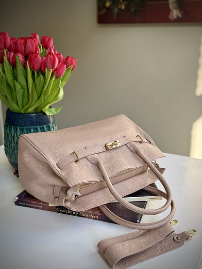 Pink grained leather frame bag