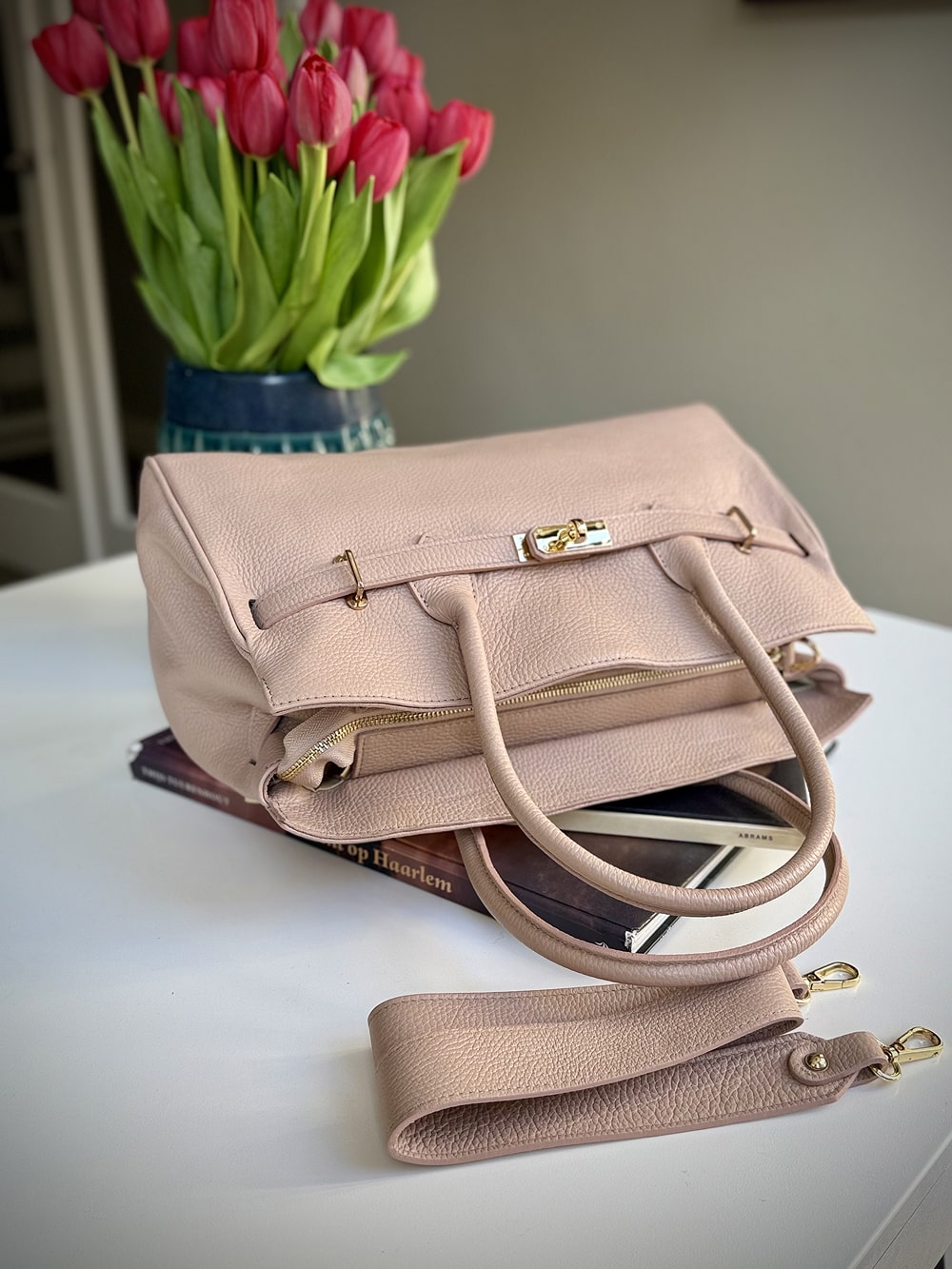 Pink grained leather frame bag