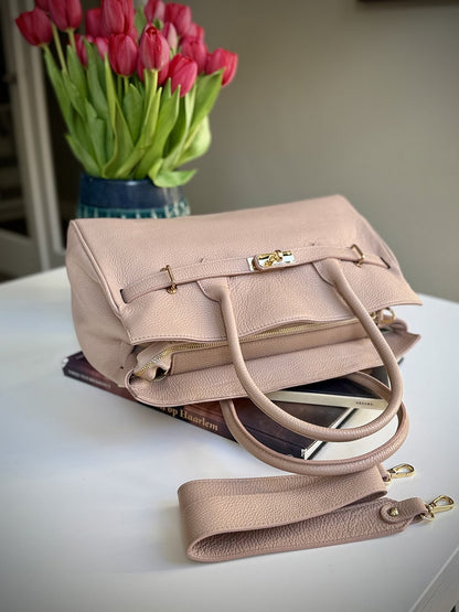 Pink grained leather frame bag