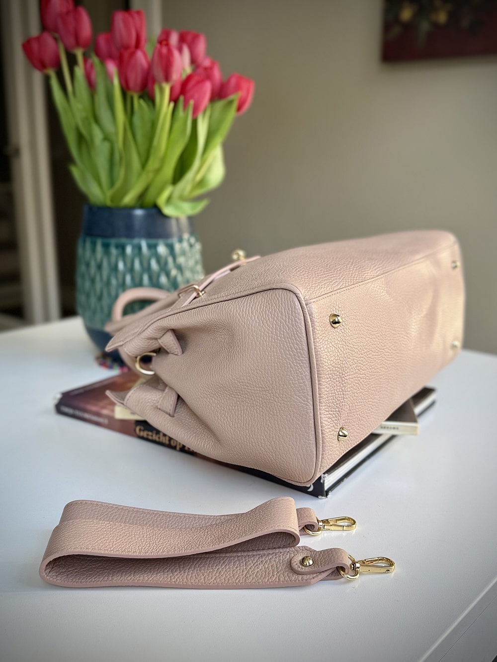 Pink grained leather frame bag