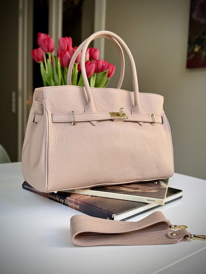 Pink grained leather frame bag