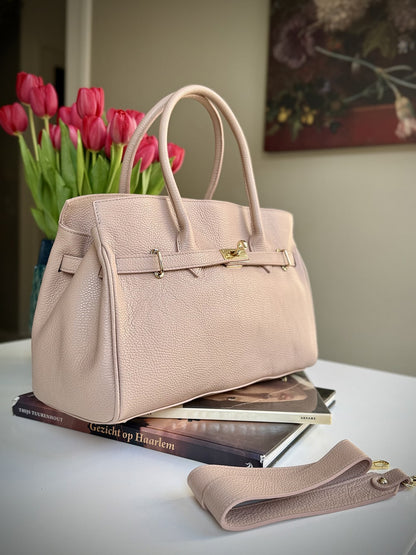 Pink grained leather frame bag