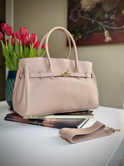 Pink grained leather frame bag