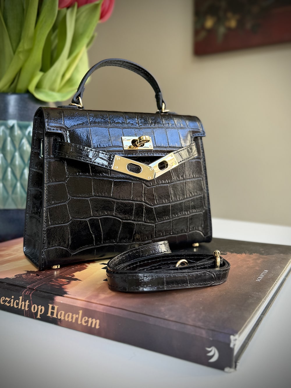 Black leather cross-body bag