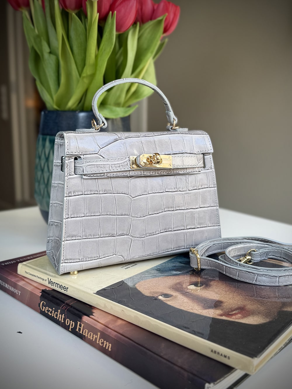 Gray leather cross-body bag