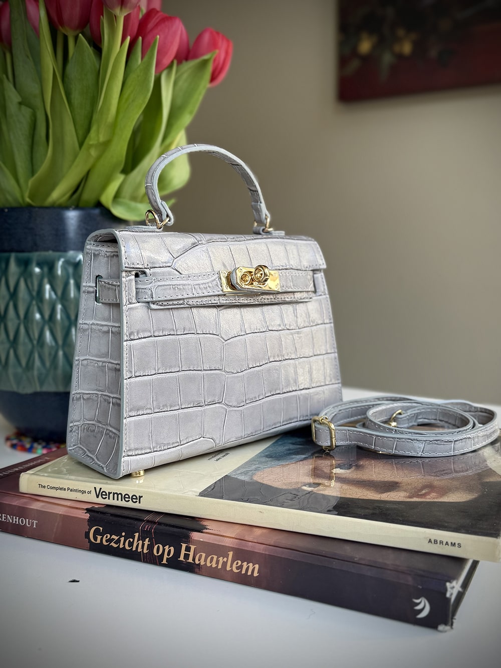 Gray leather cross-body bag