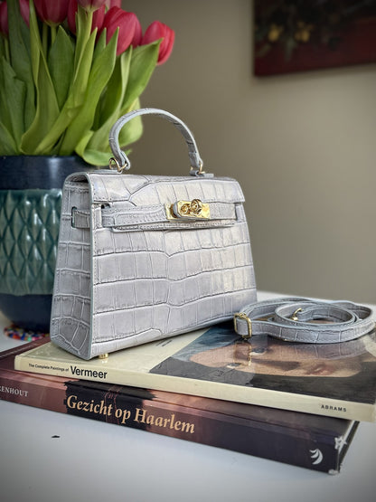 Gray leather cross-body bag
