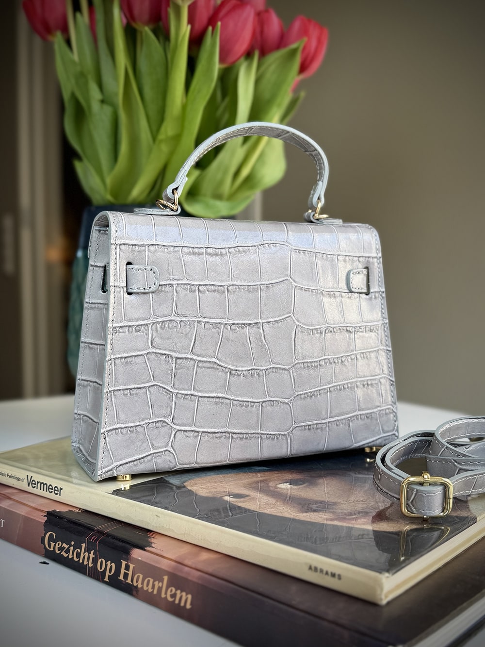 Gray leather cross-body bag