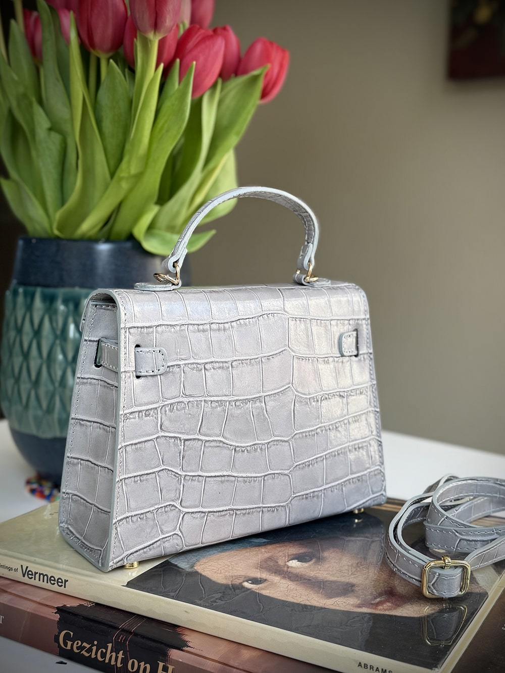 Gray leather cross-body bag