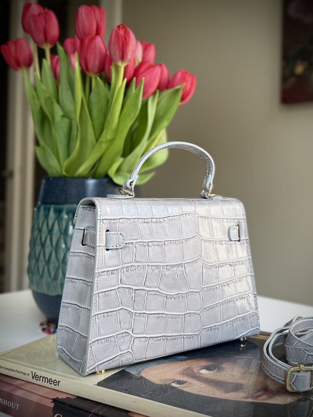 Gray leather cross-body bag