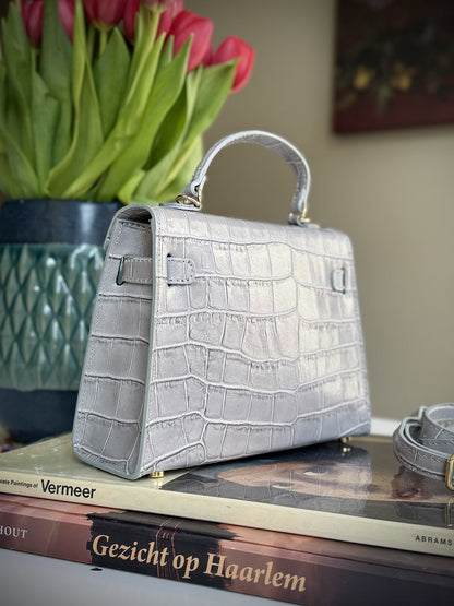 Gray leather cross-body bag