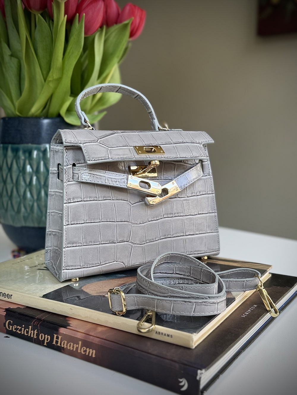 Gray leather cross-body bag