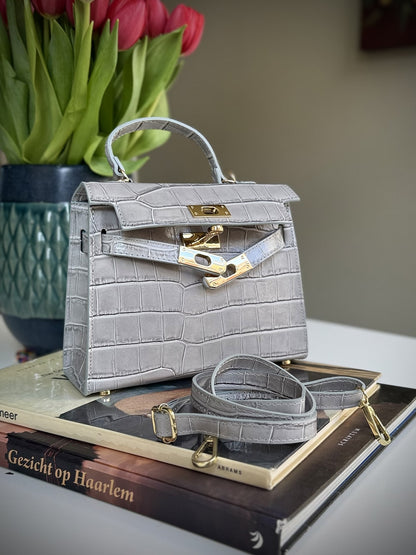 Gray leather cross-body bag