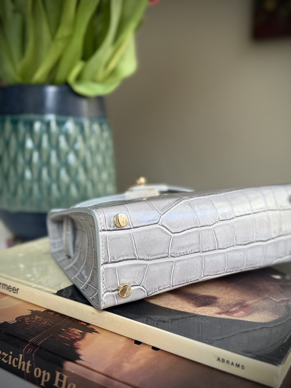 Gray leather cross-body bag