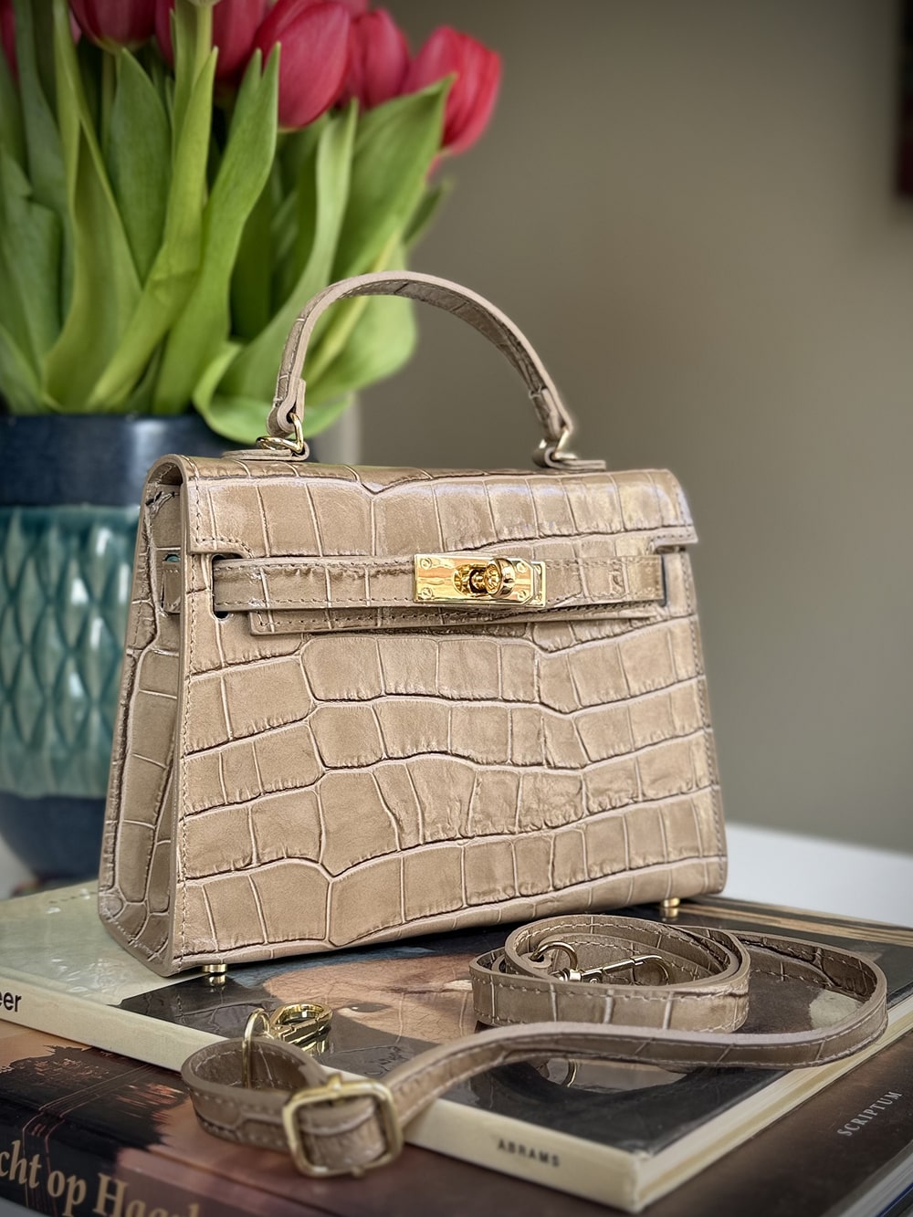 Taupe leather cross-body bag