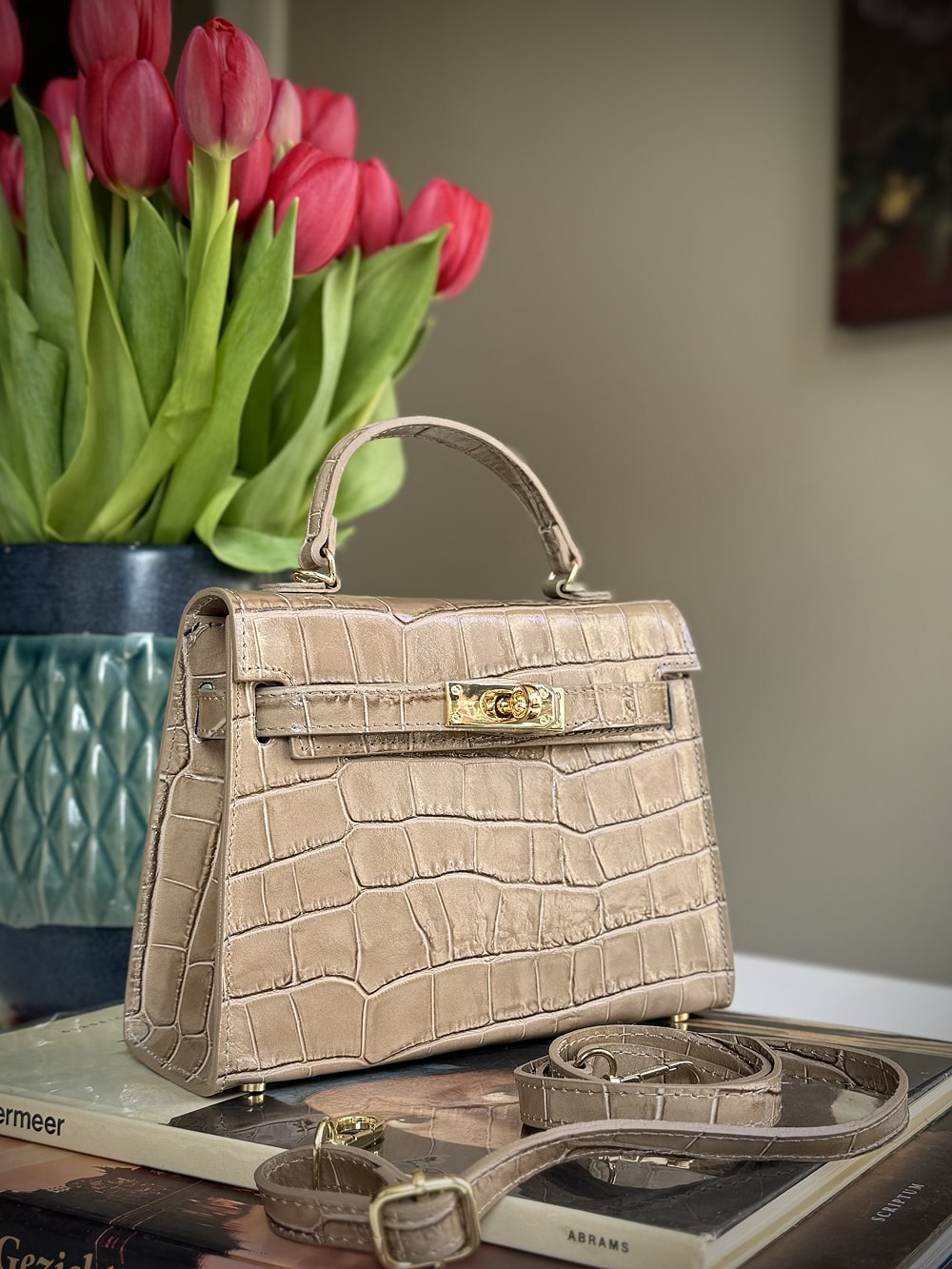 Taupe leather cross-body bag