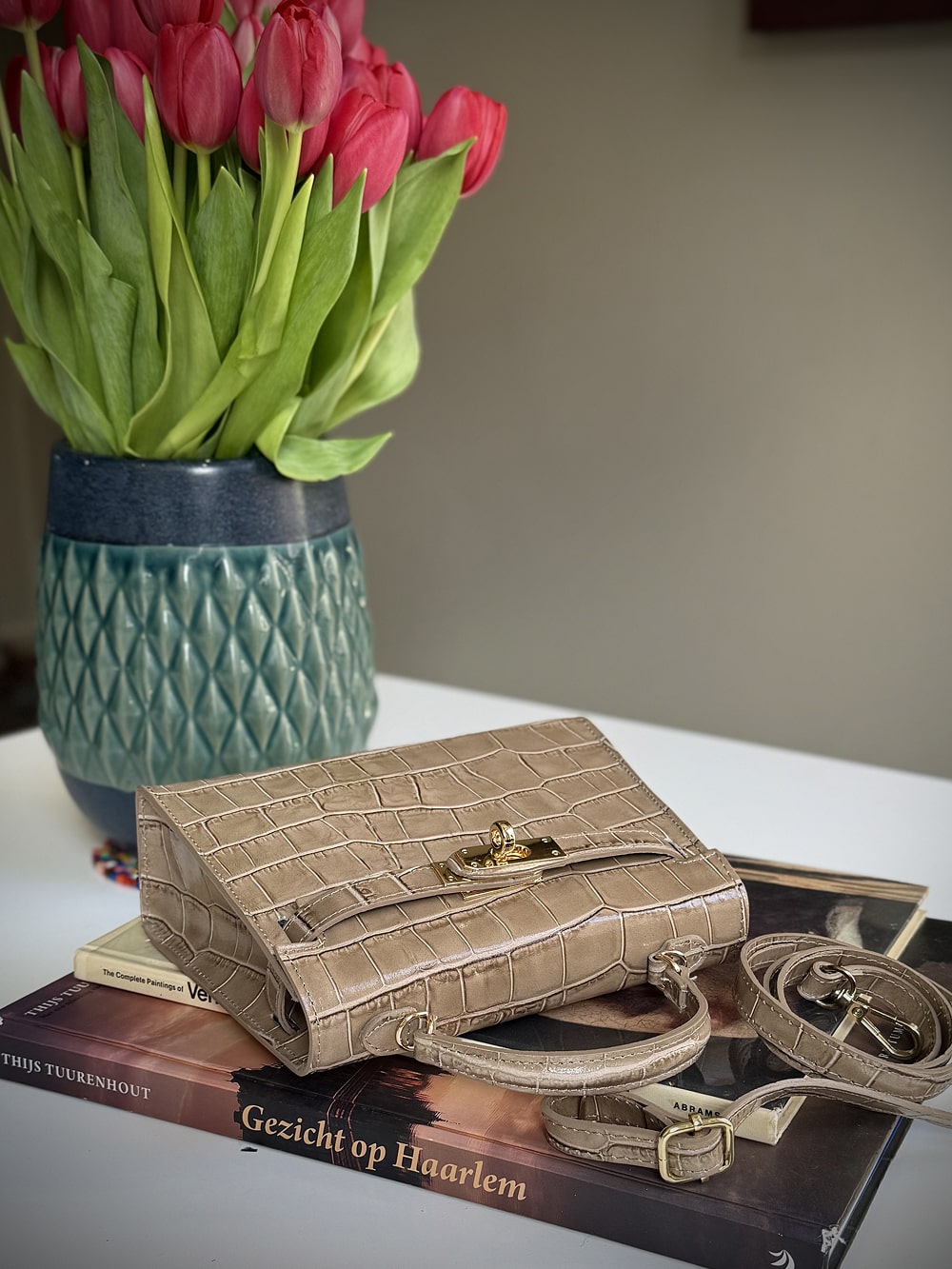 Taupe leather cross-body bag